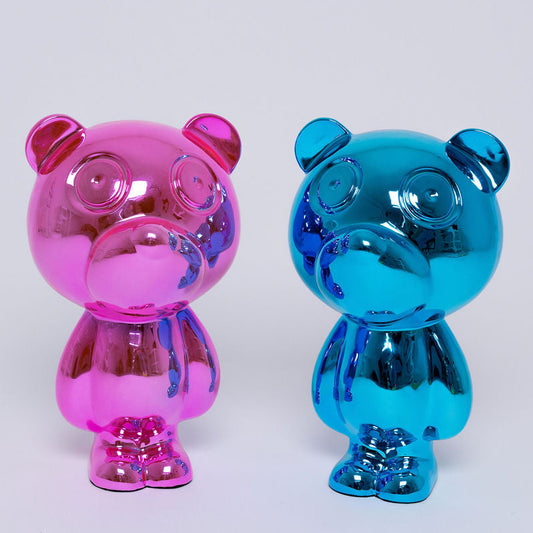 Dos figuras de oso metalizada en rosa y azul