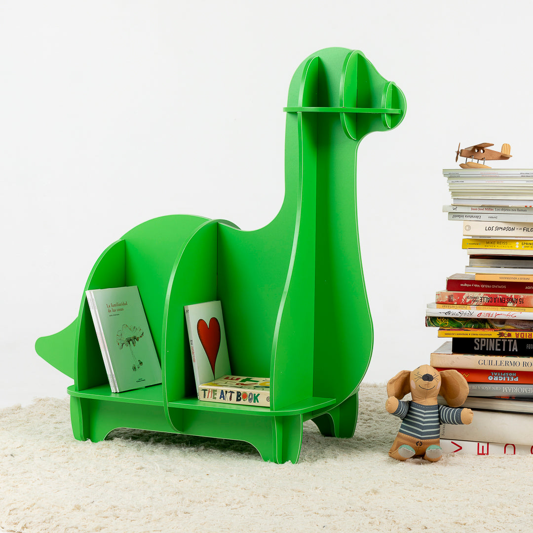 Biblioteca con forma de dinosaurio decorativa y funcional para espacios infantiles