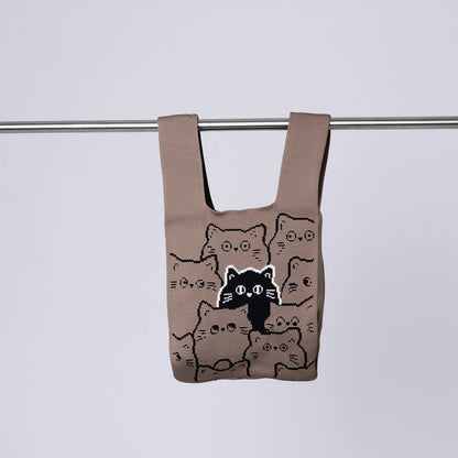 Bolsa tejida con forma de gato color marrón