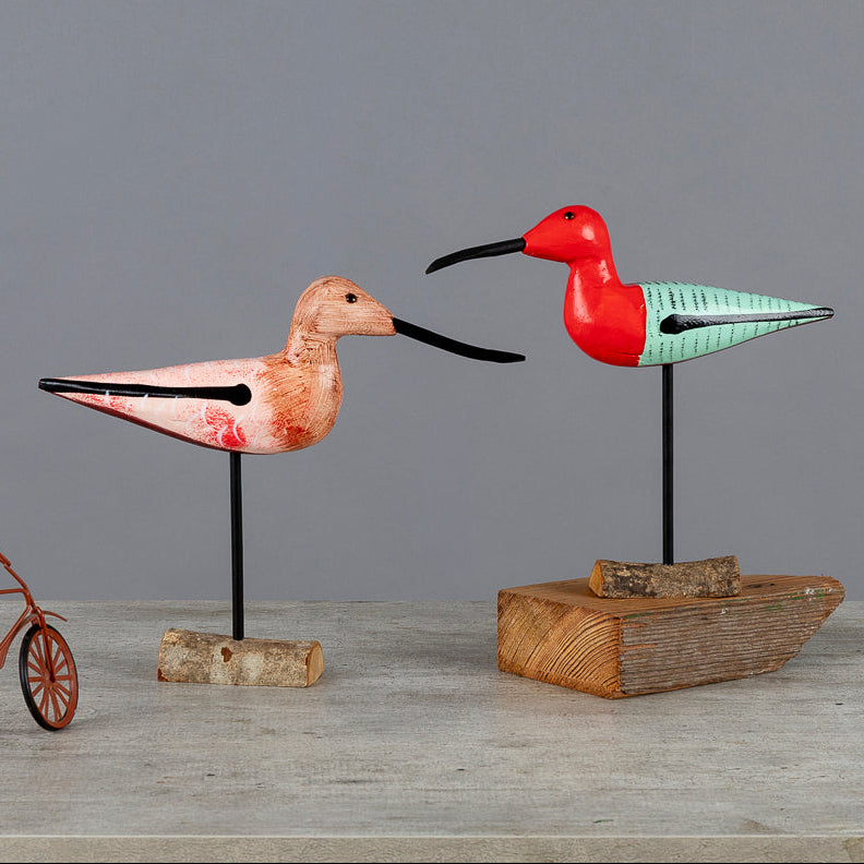 Dúo Pico Largo de aves decorativas en madera pintada