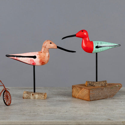 Dúo Pico Largo de aves decorativas en madera pintada