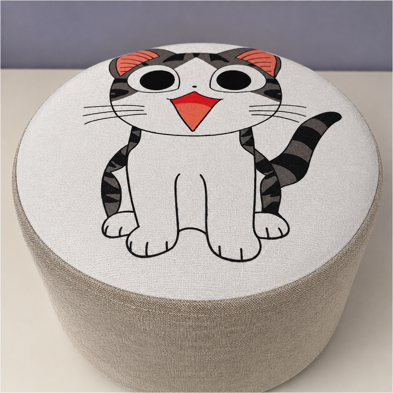 Puf infantil redondo estampado con estampado de gato