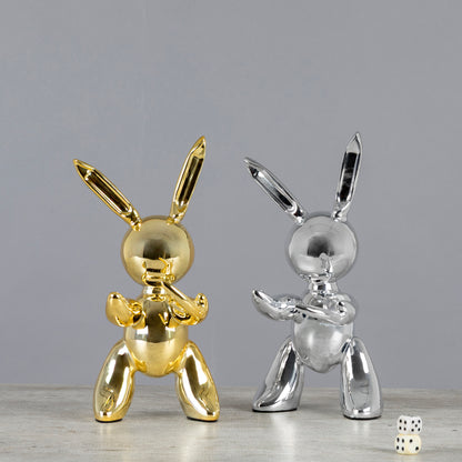 Conejos decorativos metalizados estilo pop contemporáneo dorado y plateado