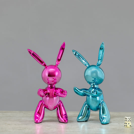 Conejos decorativos metalizados estilo pop contemporáneo rosa y celeste
